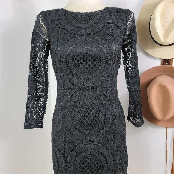 MLM LABEL BLACK LACE NUDE ILLUSION MINI LONG SLEEVE DRESS SZ SMALL - Picture 2 of 16